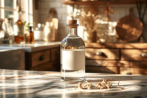 A clear glass bottle filled with water sits on a marble countertop in a sunlit, a Background Photo by ImageMir