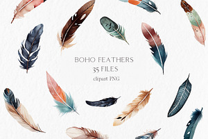 Boho Feather Watercolor Clipart PNG