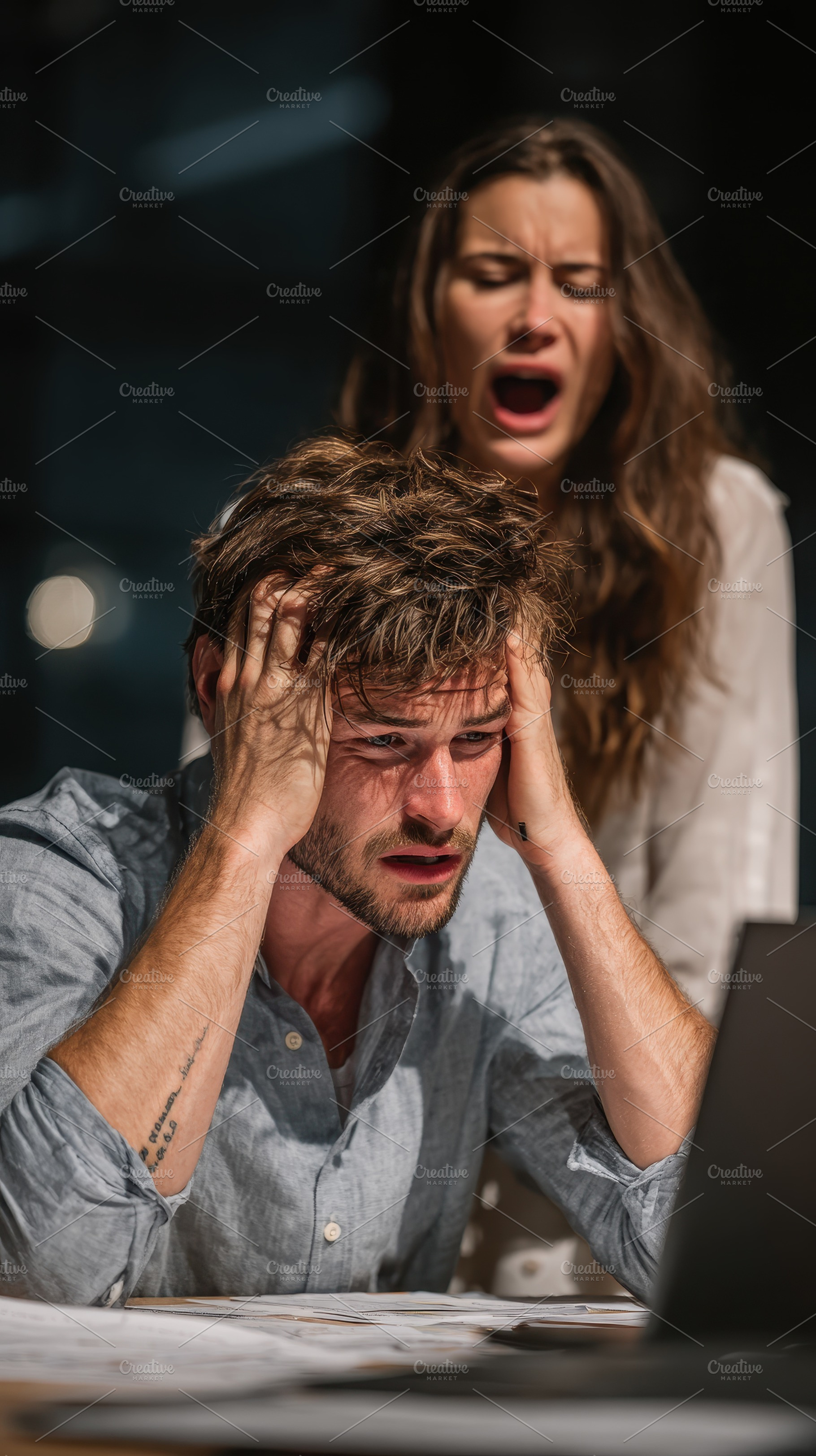Stressed man overwhelmed by woman's, a Photo by Pixeness Studio