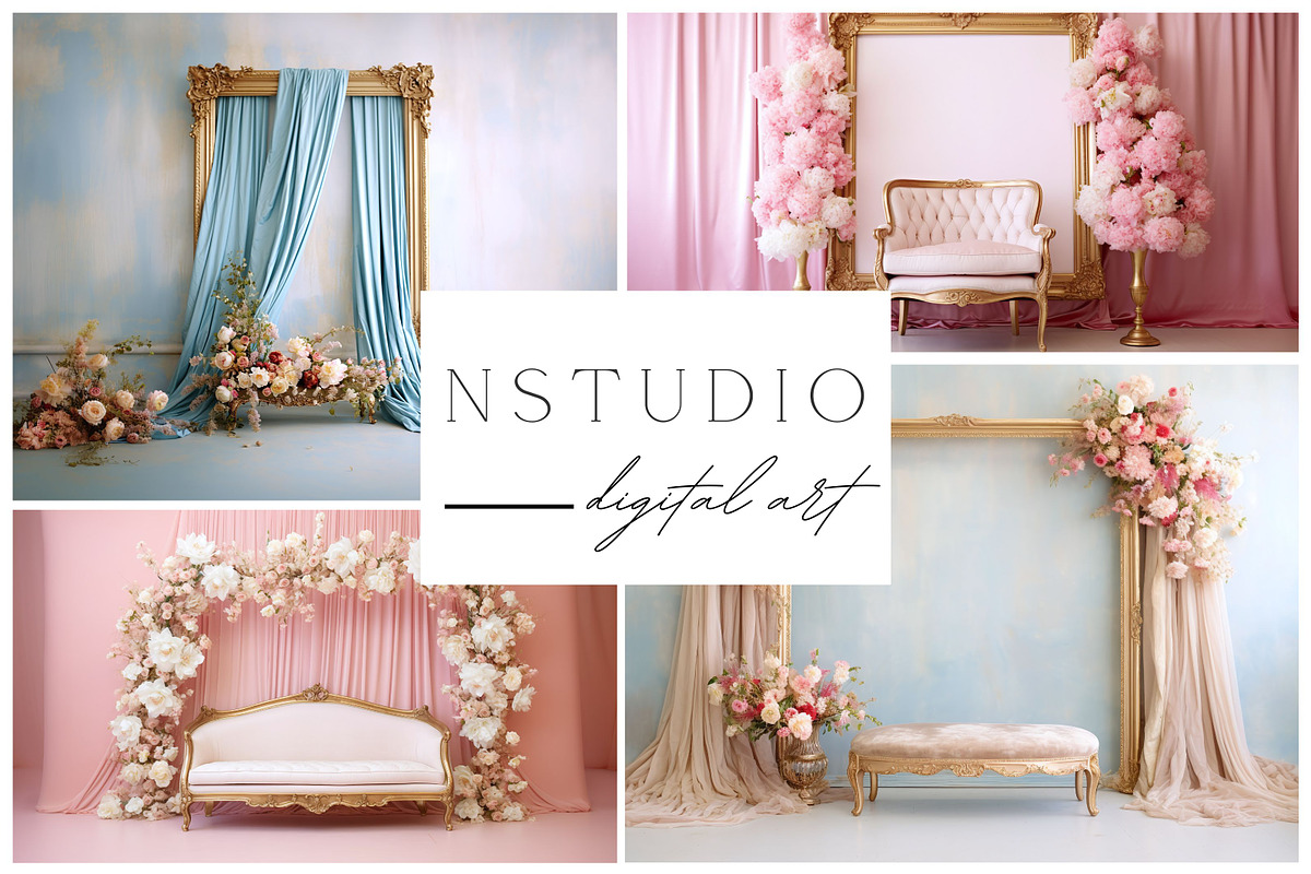 10 Vintage Gold Frames Backdrops, a Layer Style Add-On by NSTUDIO (Photo 1 of 7)