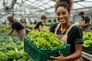 Greenhouse worker smiling holding cr, a Photo by Pixeness Studio