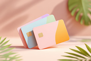 Colorful credit cards on pink background, a Business Photo by AlyaAnd