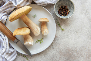 Fresh porcini mushrooms on plate with knife and peppercorns read, a Food & Drink Photo by Olena Rudo