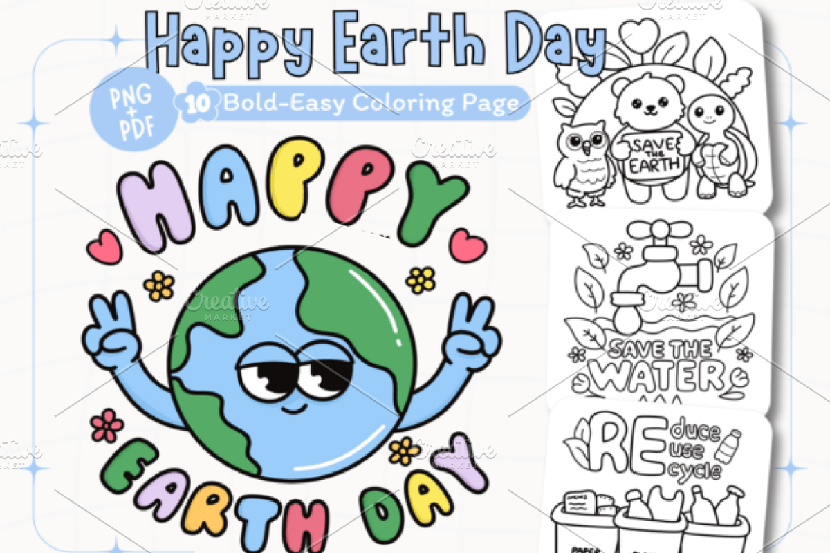 Happy Earth Day Coloring Pages, a Seasonal Illustration by Design Station