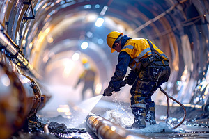Plumbers repairing a burst industrial pipe in a dim underground, a Work Illustration by DanFLCreativo
