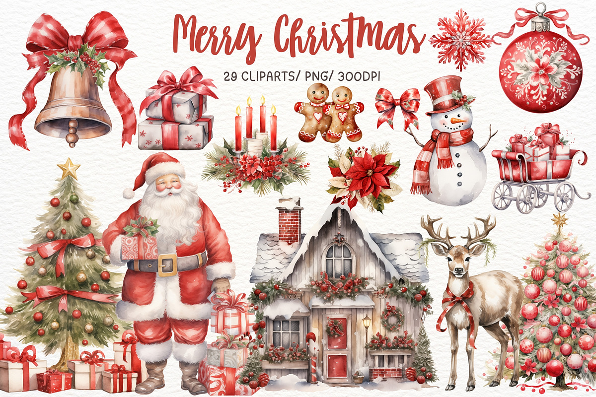 Merry Christmas Watercolor Clipart, a Seasonal Illustration by Maysa Art (Photo 1 of 4)