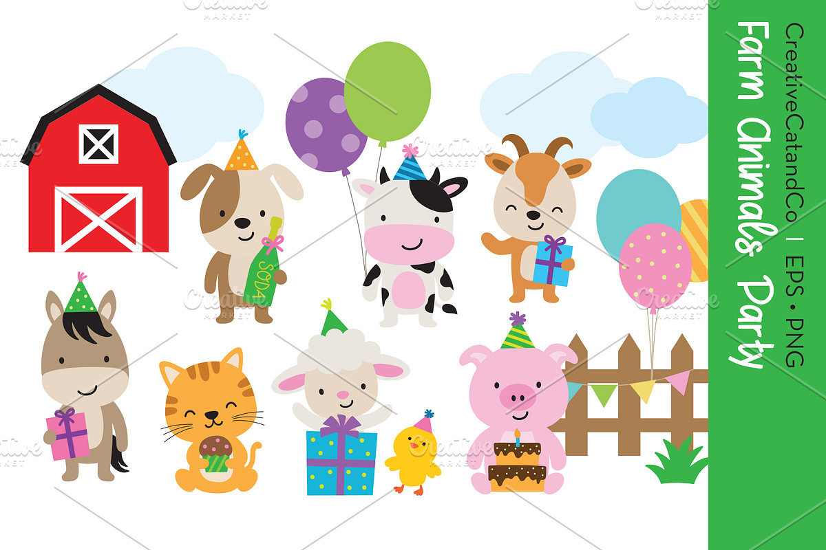 Farm Animals Birthday Party EPS PNG, an Animal Illustration by CreativeCatandCo