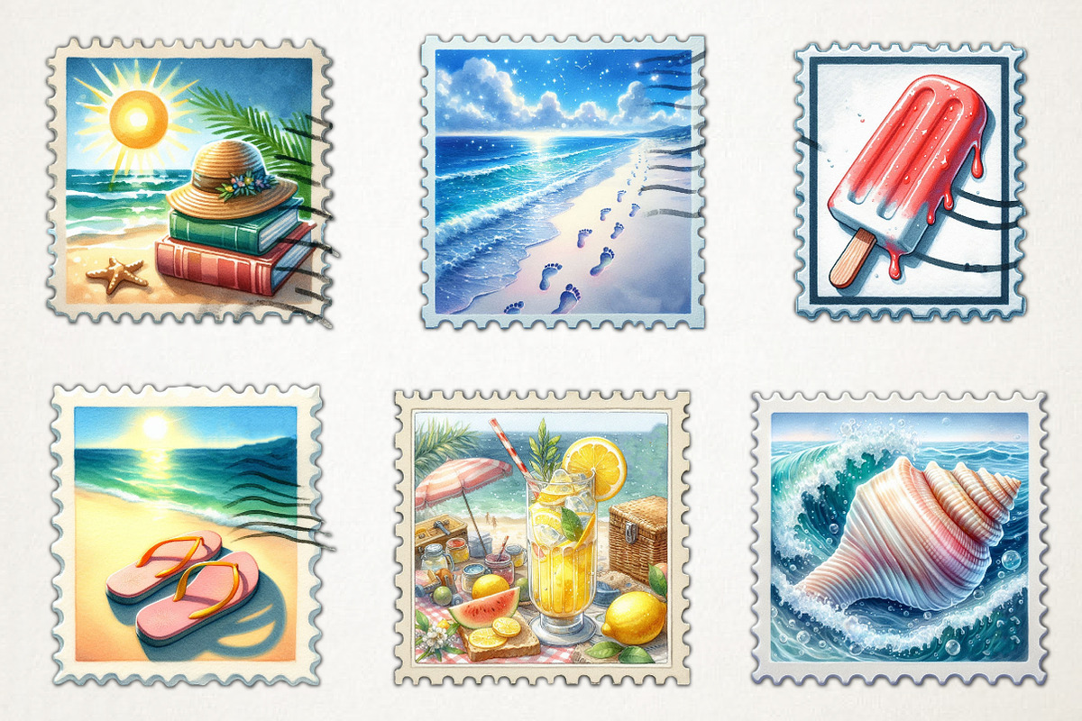 Summer Beach Postage Stamp Clipart, an Illustration by RobertsArt (Photo 5 of 5)