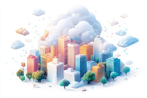 Colorful Cityscape in Clouds Digital, an Abstract Photo by Pixeness Studio