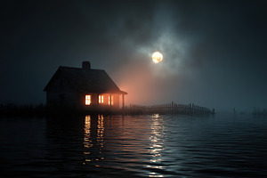 Mysterious house illuminated by moonlight on a foggy night by a serene water bo, a Photo by AlyaAnd