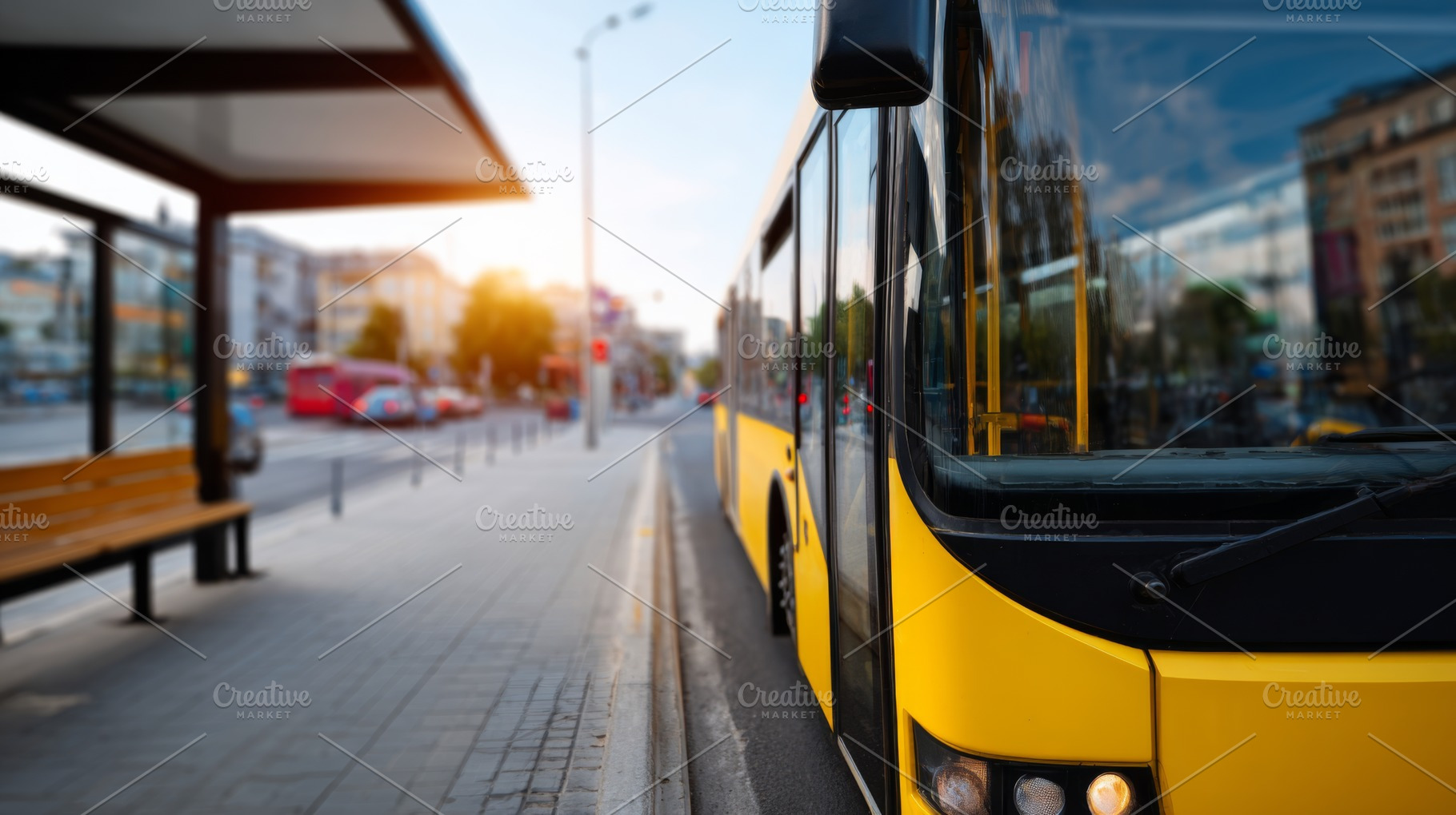 A vibrant yellow city bus at a busy urban bus stop during sunset, showcasing a, a Business Photo by ImageMir