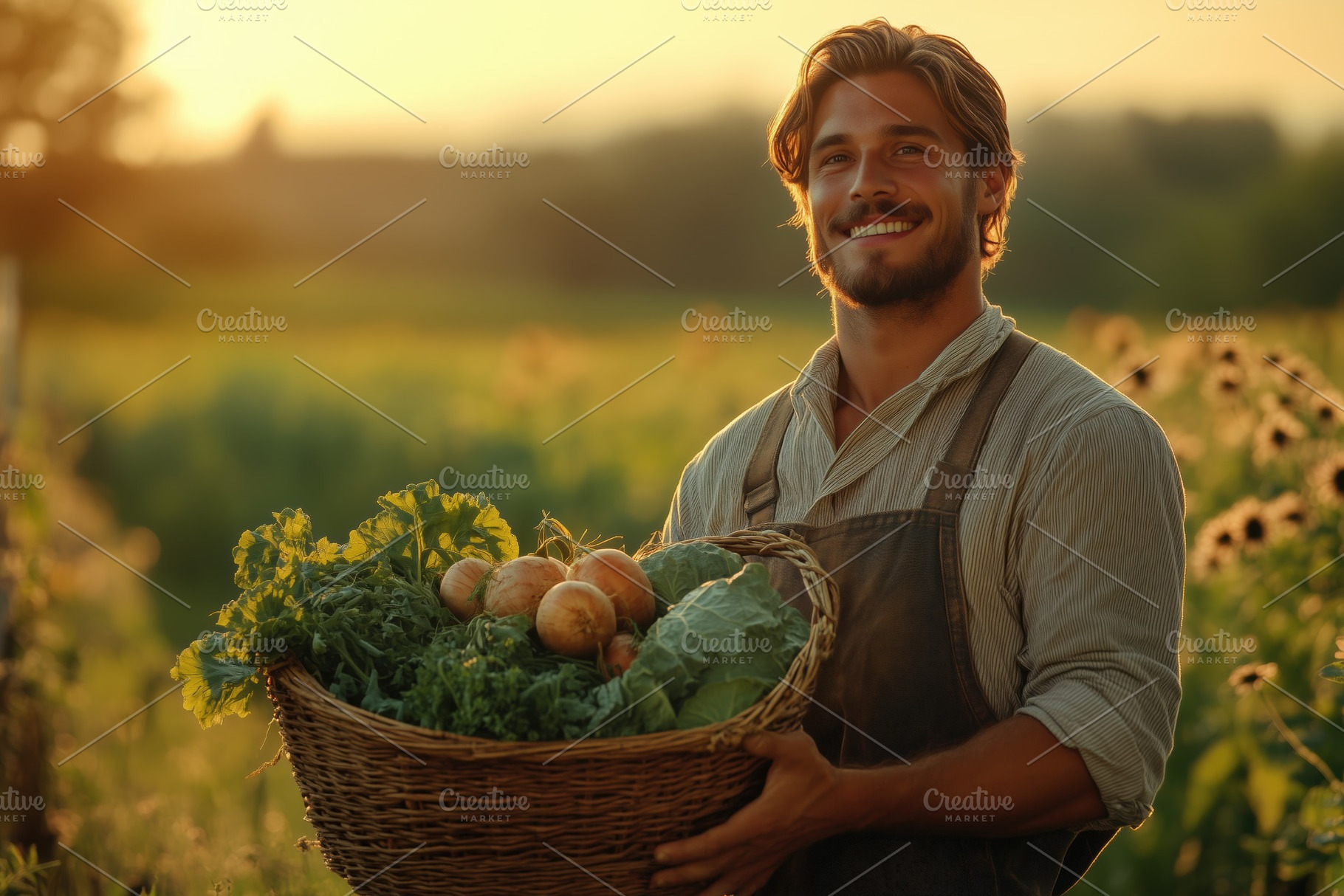 A smiling farmer holding a basket filled with fresh vegetables in a sunlit fiel, a Person Photo by Textures & Backgrounds