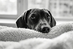 Dog Peeking Over Cozy Blanket B&W, an Animal Photo by Virgo Studio