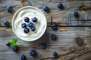 Bowl with white yogurt and ripe blueberries on wooden table, a Food & Drink Photo by AlyaAnd