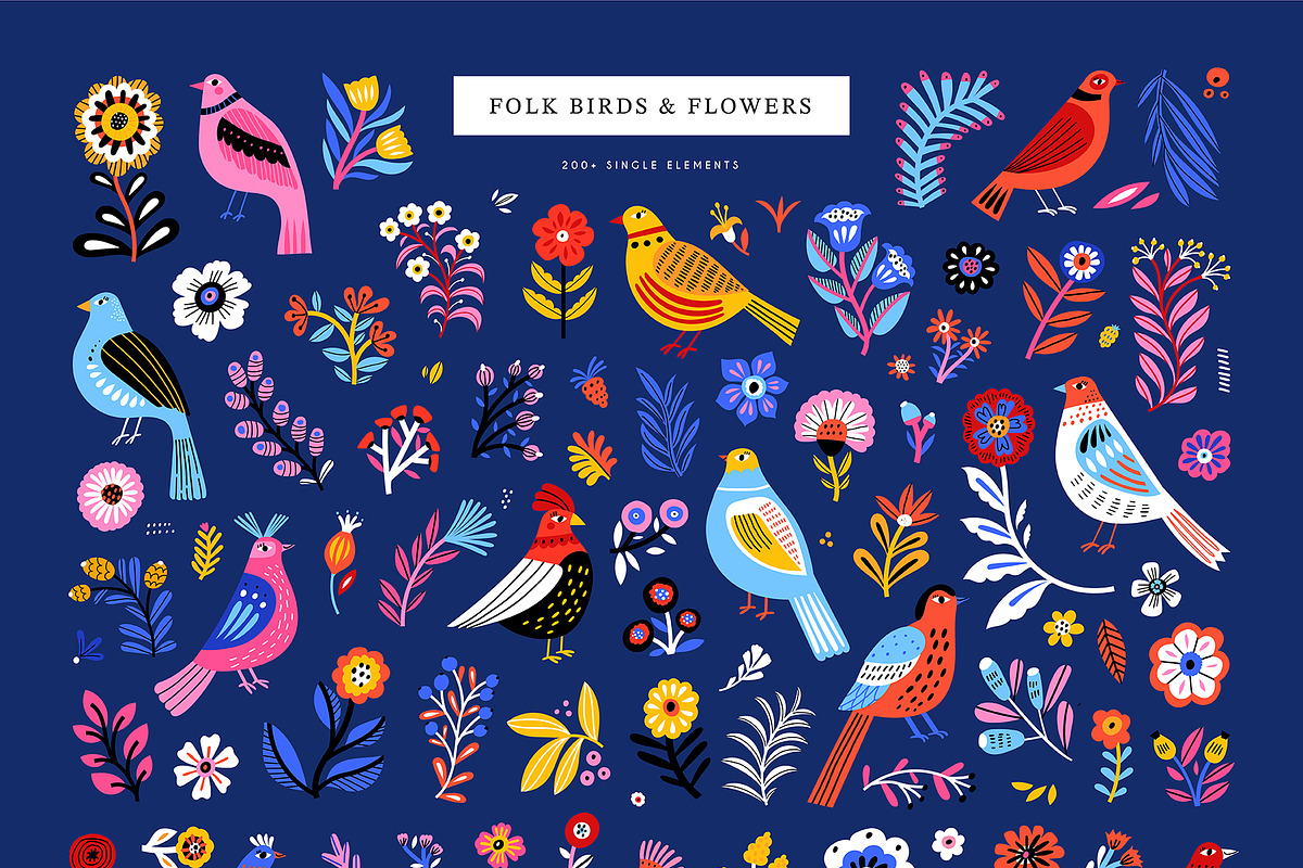 Birds & Flowers | Folk style clipart, an Animal Illustration by Olia (Photo 2 of 14)