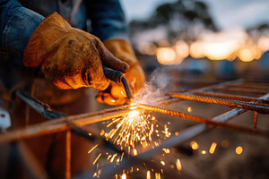 Worker welding metal rebar at sunset, an Industrial Photo by AlyaAnd