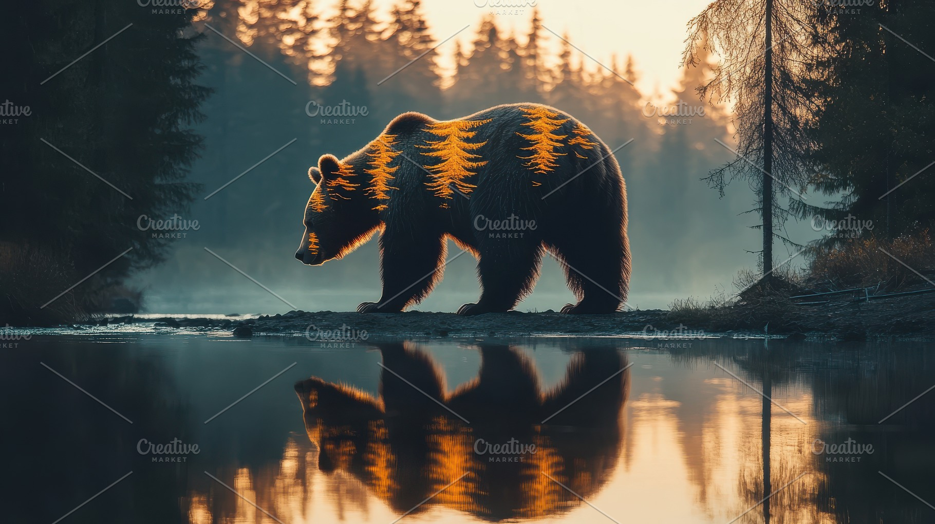 Bear silhouette by lake, misty fores, an Animal Photo by Pixeness Studio