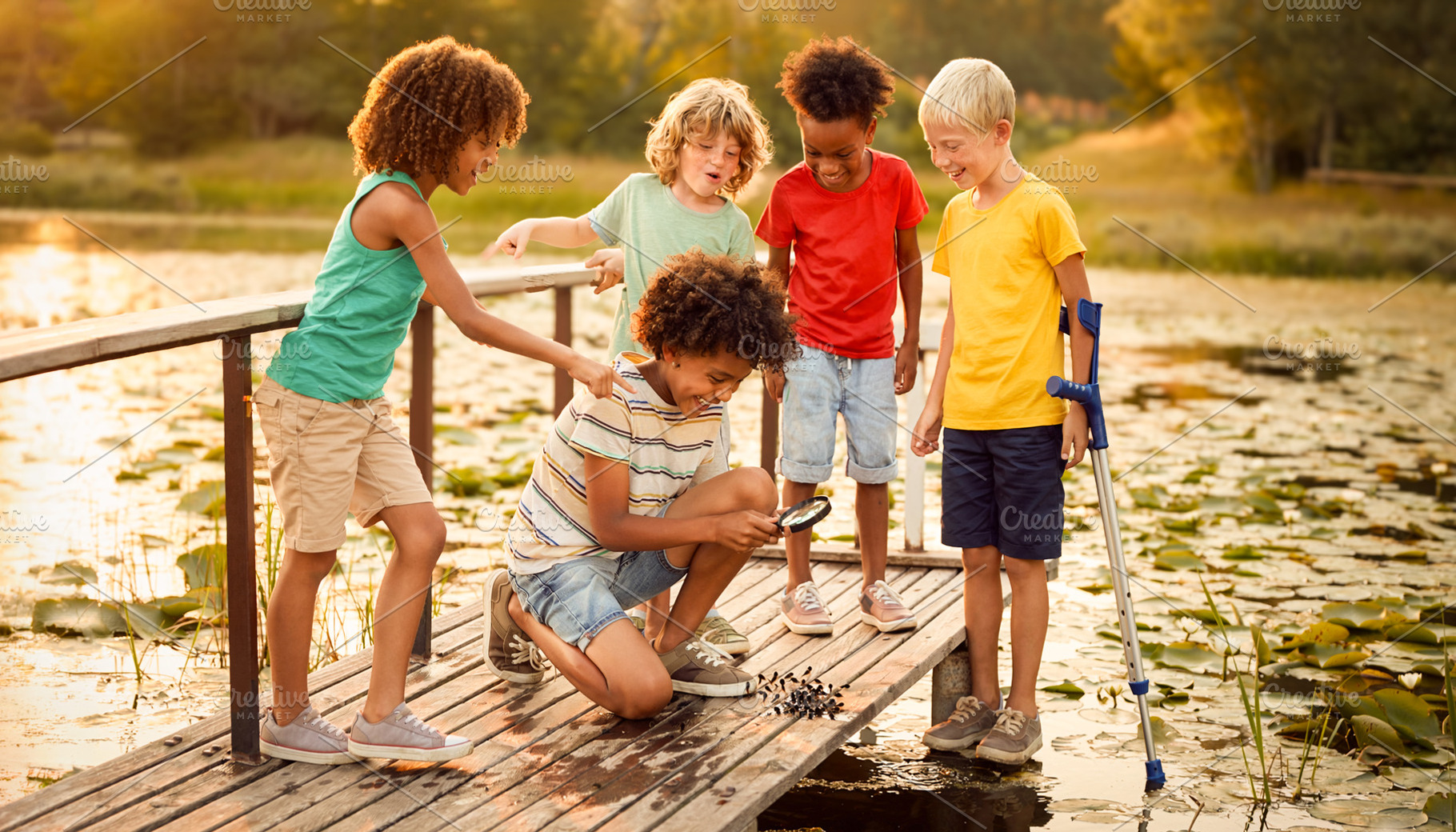 Kids gathering on a wooden pier by the lake, a Person Photo by DanFLCreativo
