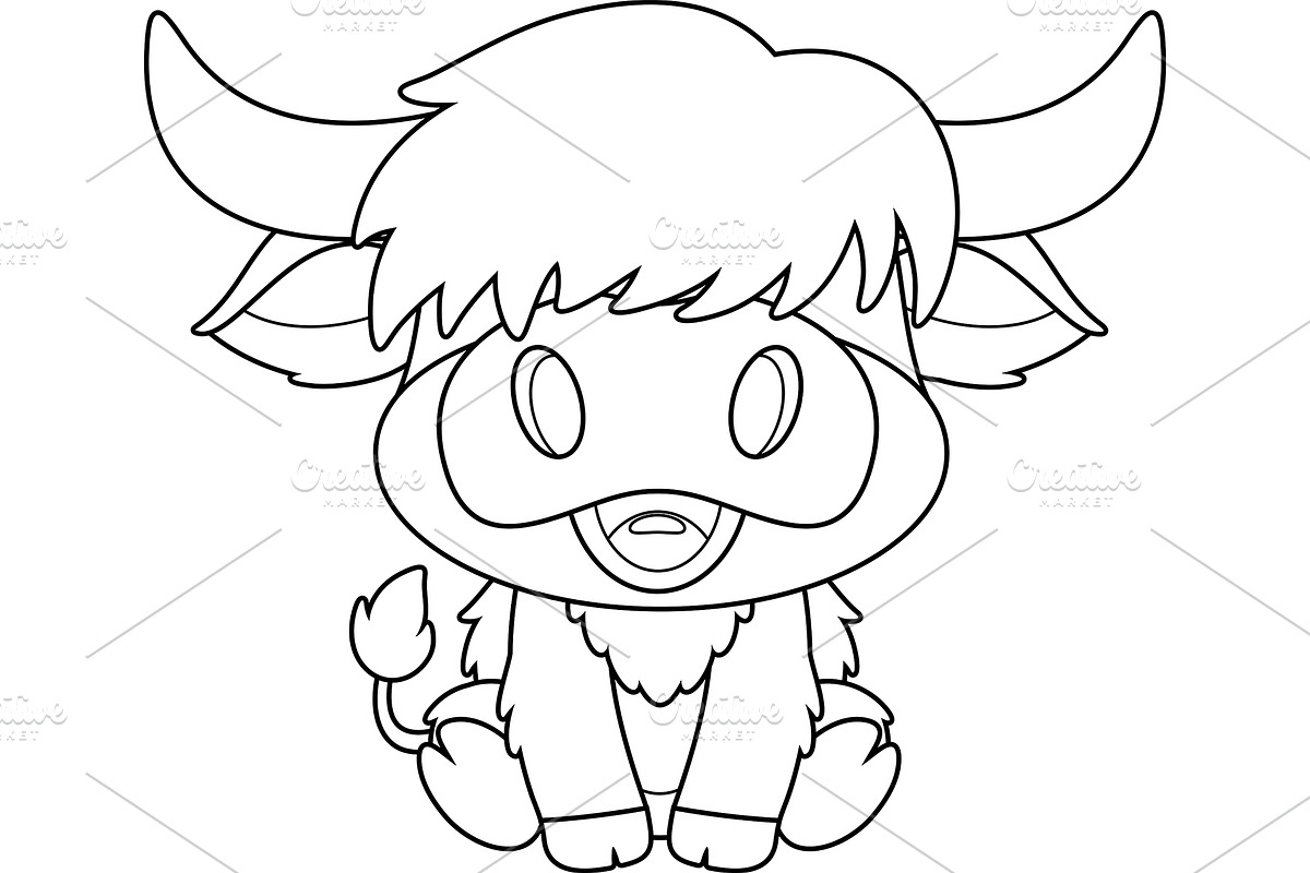 Outlined Cute Baby Highland Cow, an Animal Illustration by HitToon