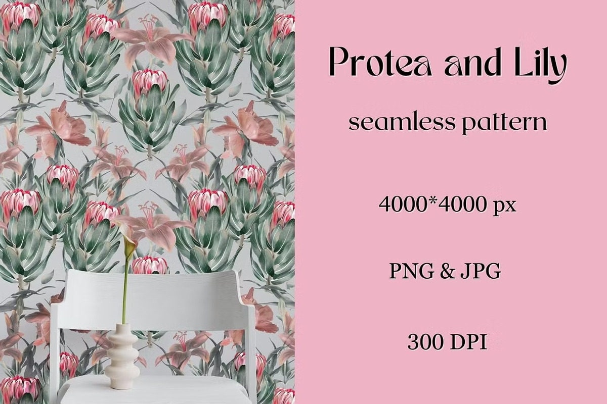Watercolor flower pattern Protea, a Pattern Graphic by Kate Creative Studio (Photo 4 of 5)