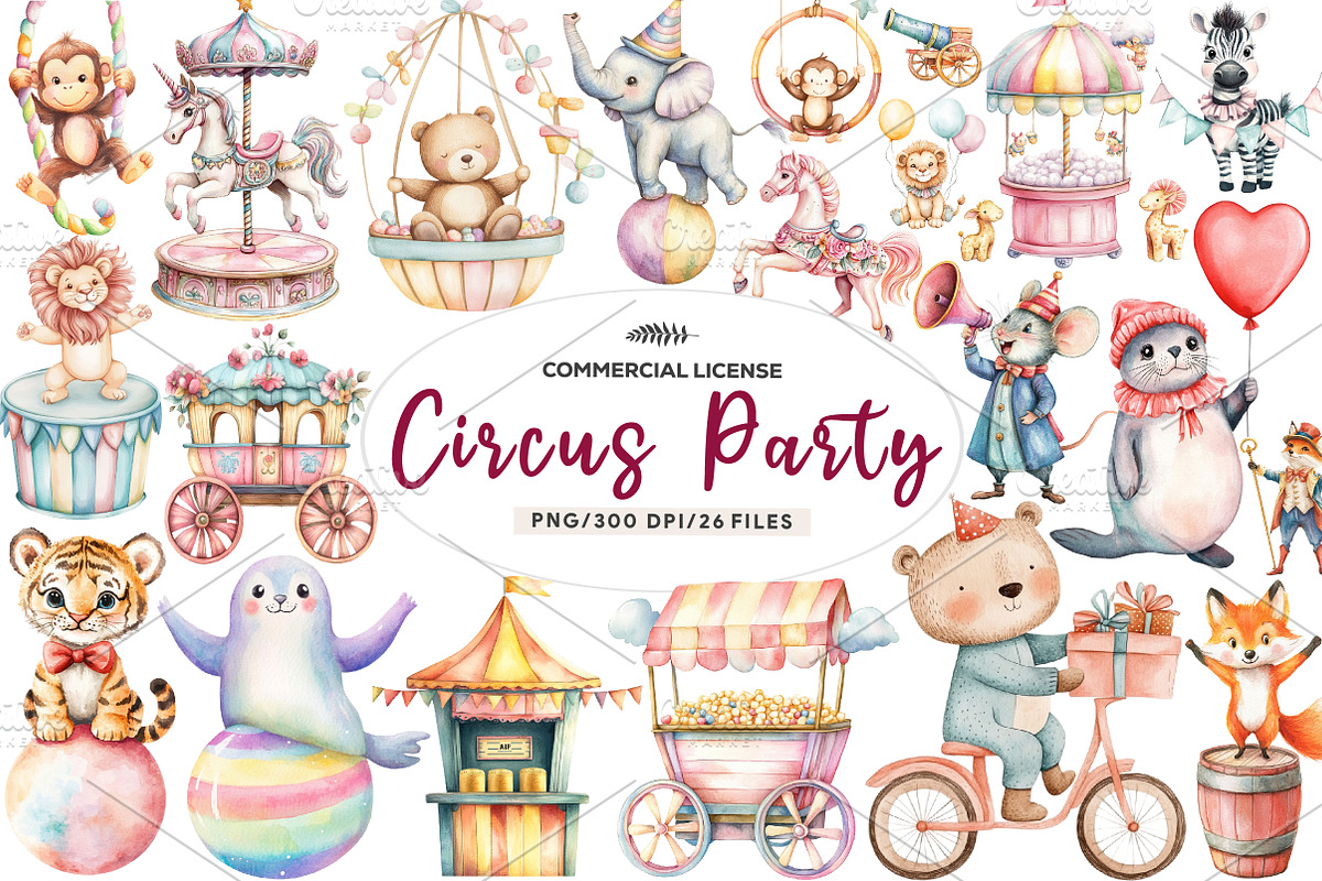 Vintage Circus Party Animals Clipart, an Illustration by CreationArt (Photo 1 of 9)