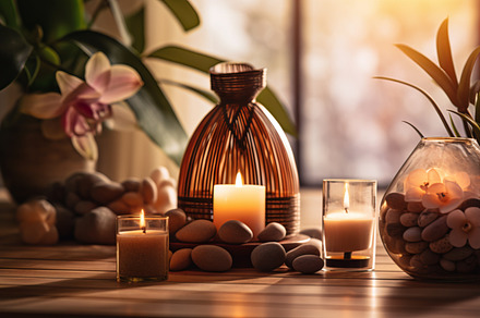 Spa, aromatherapy and candles on table for zen, calm and peace t, an Abstract Photo by Natalia Klenova's Shop