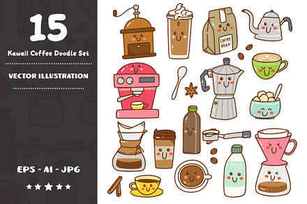 Set of Kawaii Coffee Doodle