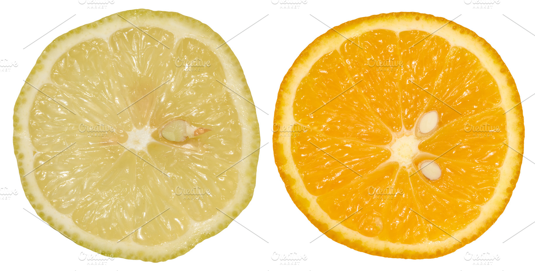 Two citrus fruit slices, a lemon and an orange, isolated backgro, a Food & Drink Photo by ndanko