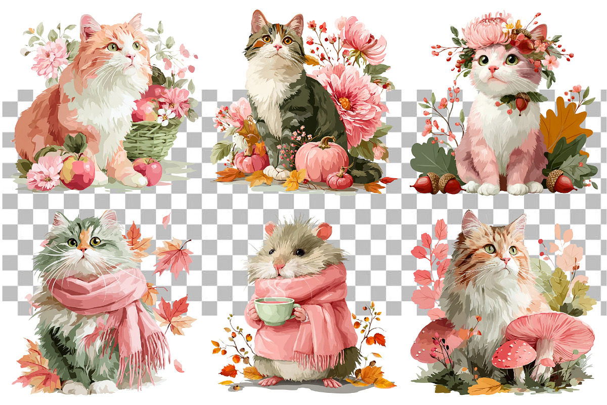 Watercolor Autumn Cat Clipart, a Seasonal Illustration by Daily.Designs (Photo 3 of 5)
