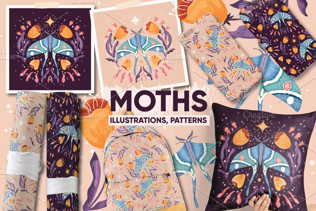 Moths, graphics and seamless pattern, a Pattern Graphic by Blue Lela Design (Photo 1 of 5)