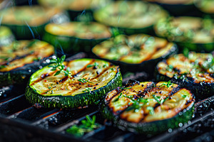 Grilled zucchini pieces on grill, a Food & Drink Photo by AlyaAnd