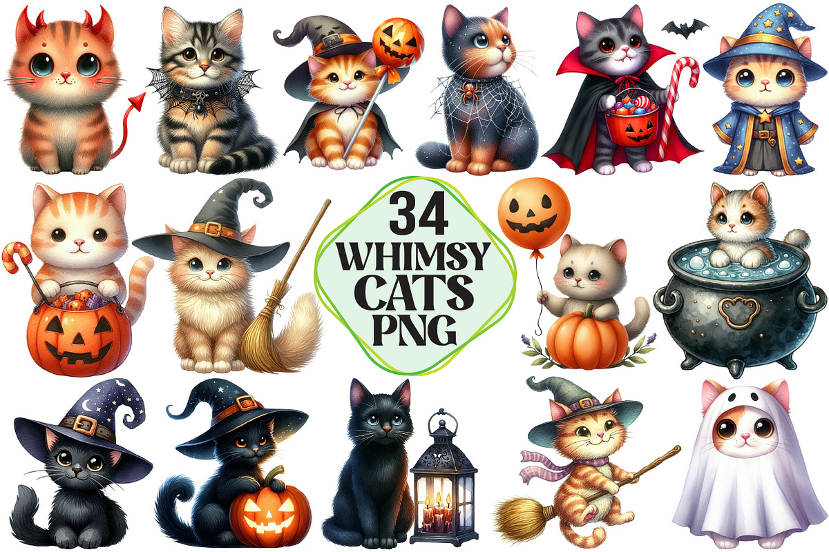 Whimsy Halloween Cat Clipart, an Animal Illustration by Pixels.Craft (Photo 1 of 7)