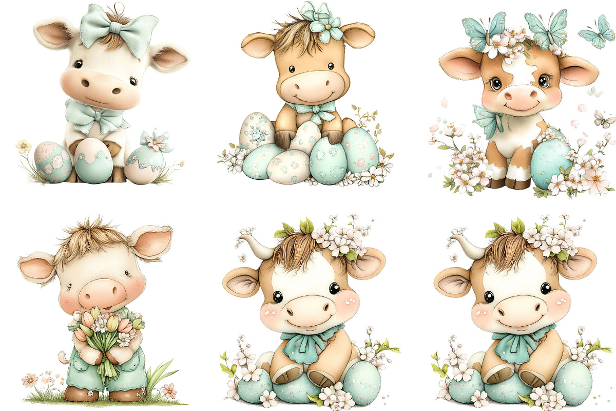 Whimsical Easter Cute Cow Clipart, an Illustration by Designking (Photo 3 of 5)