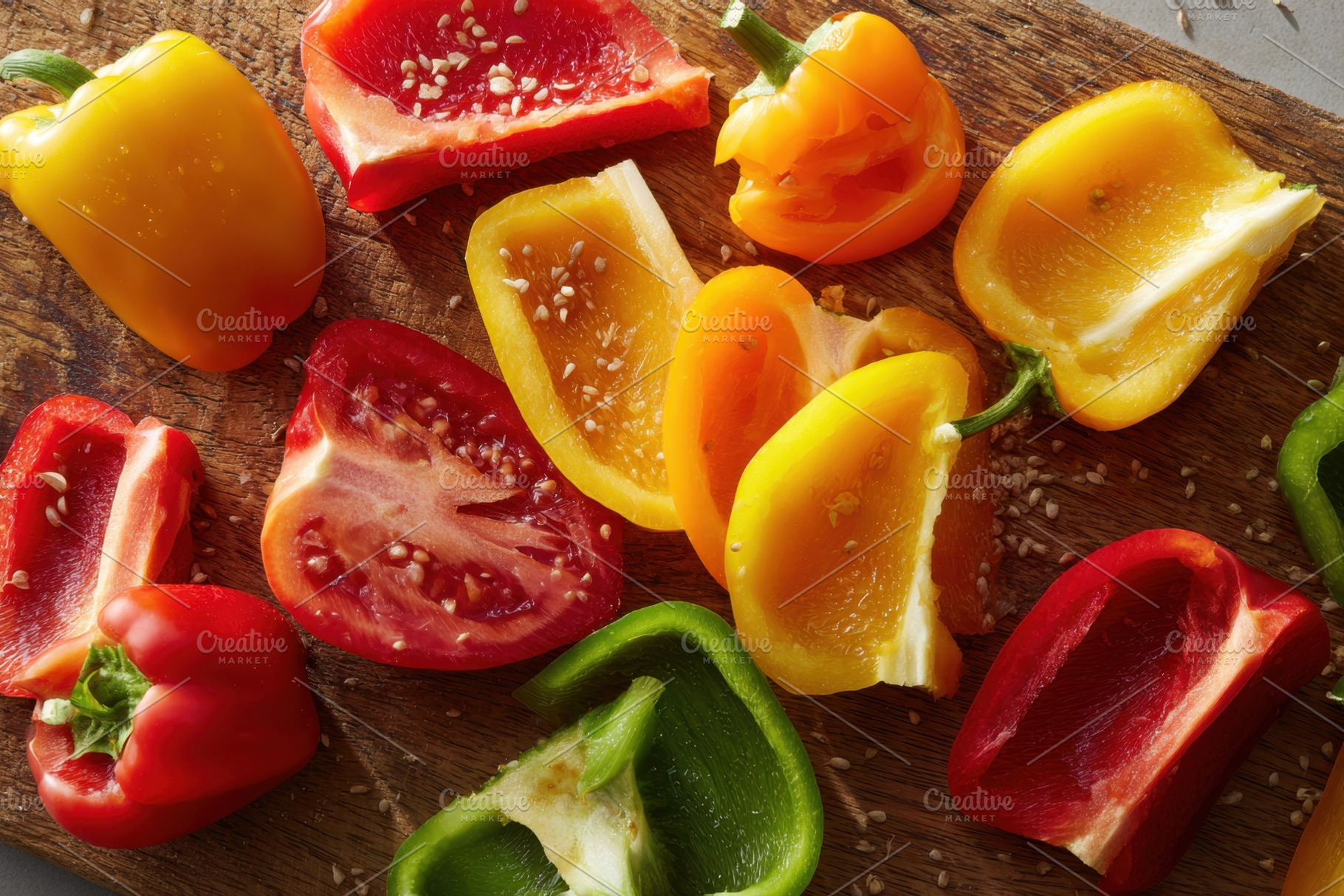 Ripe and sliced peppers on wooden board, a Food & Drink Photo by AlyaAnd