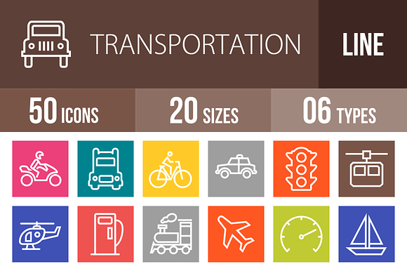 50 Transport Line Multicolor Icons