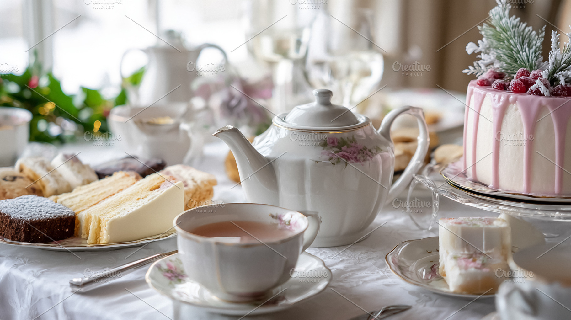 Afternoon tea party set with a decorated cake, pastries, teapot,, a Photo by Studio ANNA