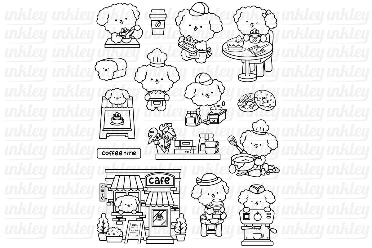 Dog and Cafe Clipart - White Poodles, an Illustration by Inkley Studio