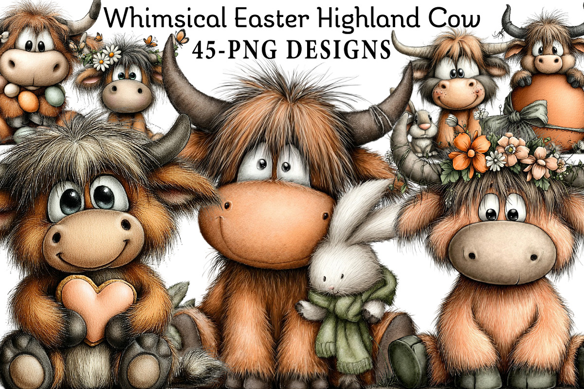 Whimsical Easter Highland Cow Clipar, an Illustration by Daily.Designs (Photo 1 of 8)