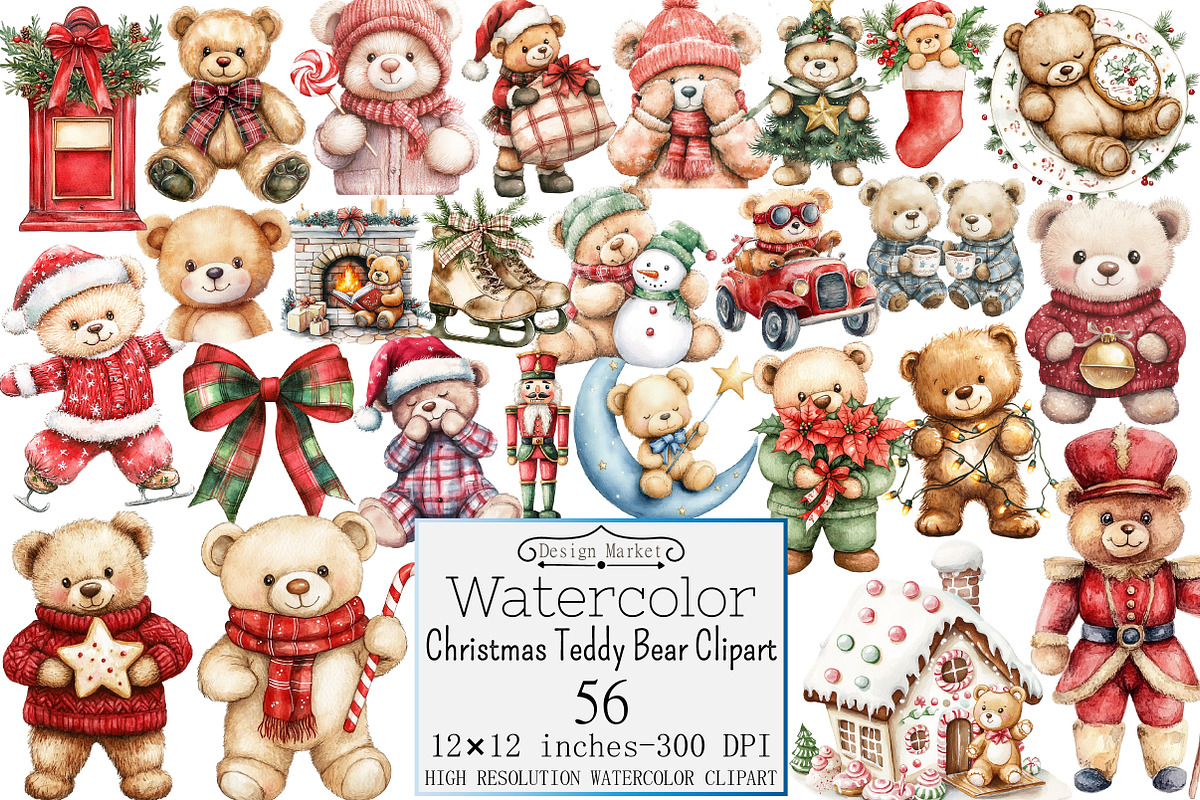 Watercolor Christmas Teddy Bear Clip, a Seasonal Illustration by Design Market (Photo 1 of 5)