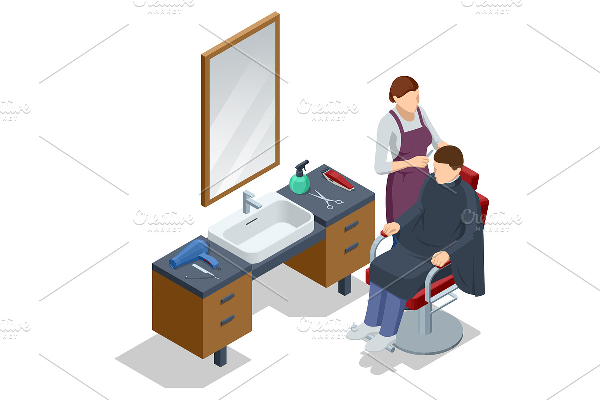 Isometric a barber cuts a customer's, an Object Illustration by Golden Sikorka