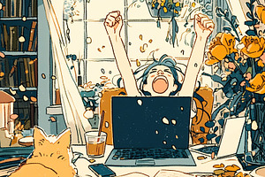 Cheerful woman celebrating success with laptop in a cozy floral environment, an Illustration by AS photostudio