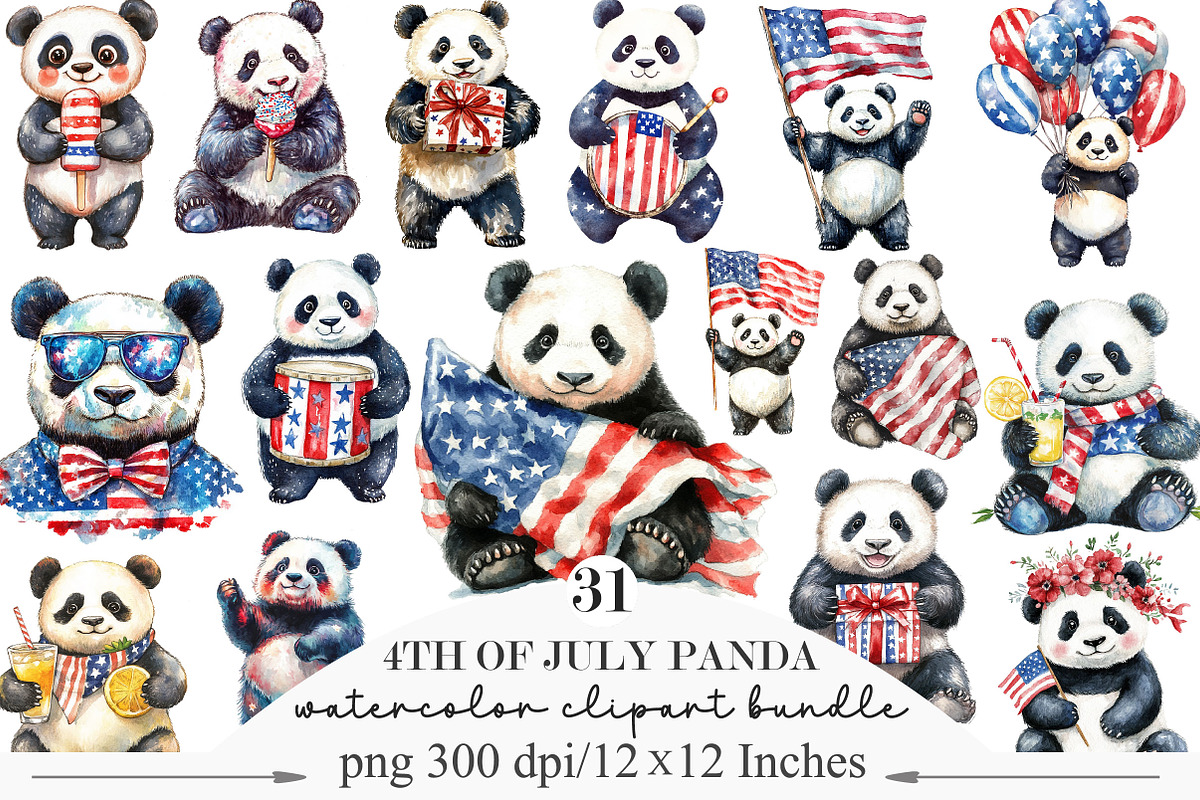 4th of July Panda Watercolor, an Illustration by Designking (Photo 1 of 5)