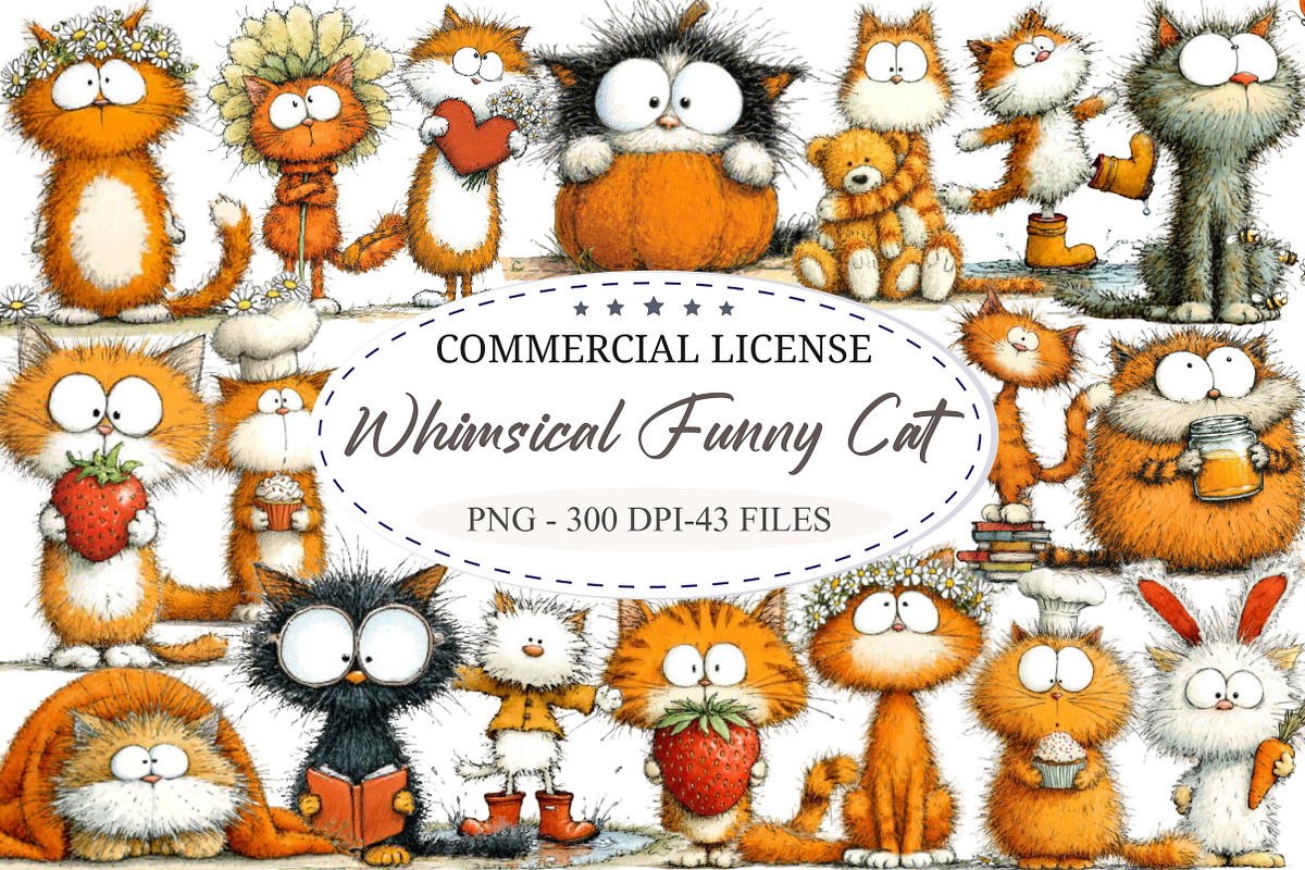 Whimsical Funny Fluffy Cat Clipart, a Seasonal Illustration by designcity5 (Photo 1 of 5)