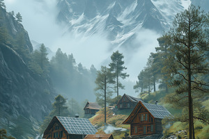 A serene mountain village with wooden cabins nestled among tall pine trees, set, a Transportation Photo by Textures & Backgrounds