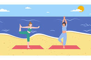 Young girls doing yoga exercises on, a Sport Illustration by LadadikArt