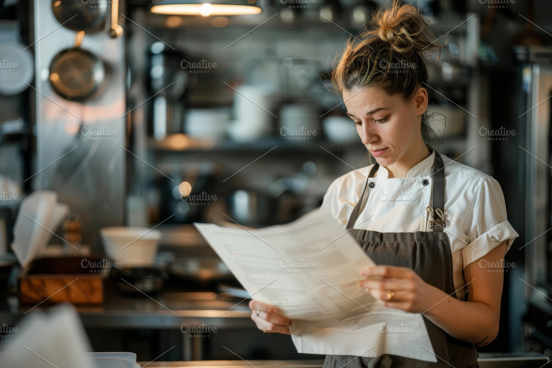A chef stands attentively in a livel, a Photo by Tanuart