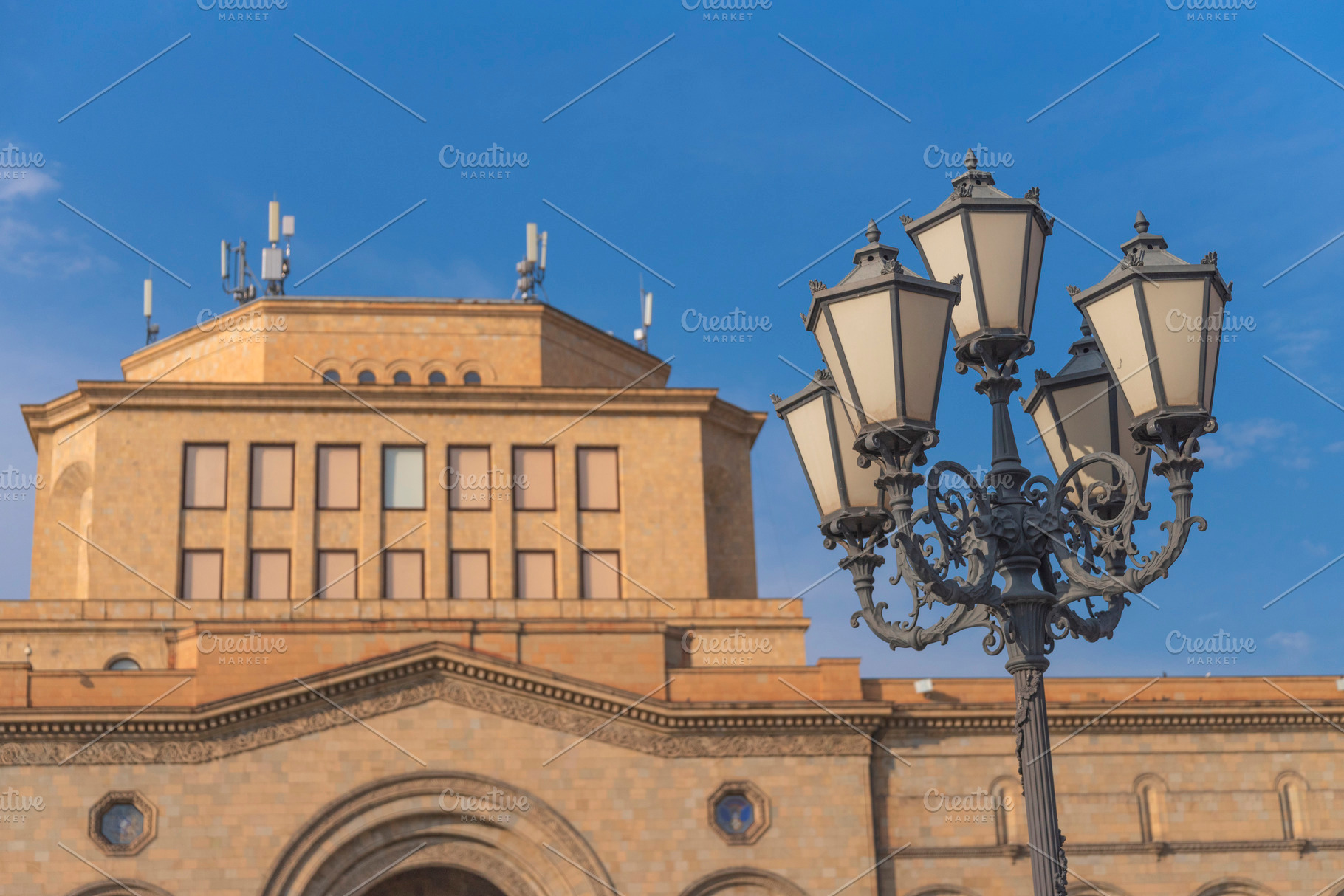 Street forged lantern against the National Gallery building in Y, a Photo by Pictures for you!!!!!!!!!