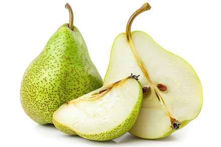 Green pear and pear half isolated on white background, a Food & Drink Photo by AlyaAnd