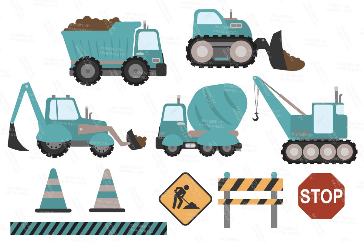 Vintage Blue Construction Trucks, an Illustration by Amanda Ilkov (Photo 2 of 2)