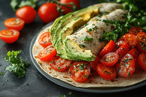 Fresh vegetable wrap with cherry tom, a Photo by Tanuart